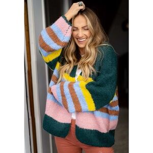 Relaxed Multicolor Striped Cardigan Sweater - Green/Pink/Blue Size M Front Snap